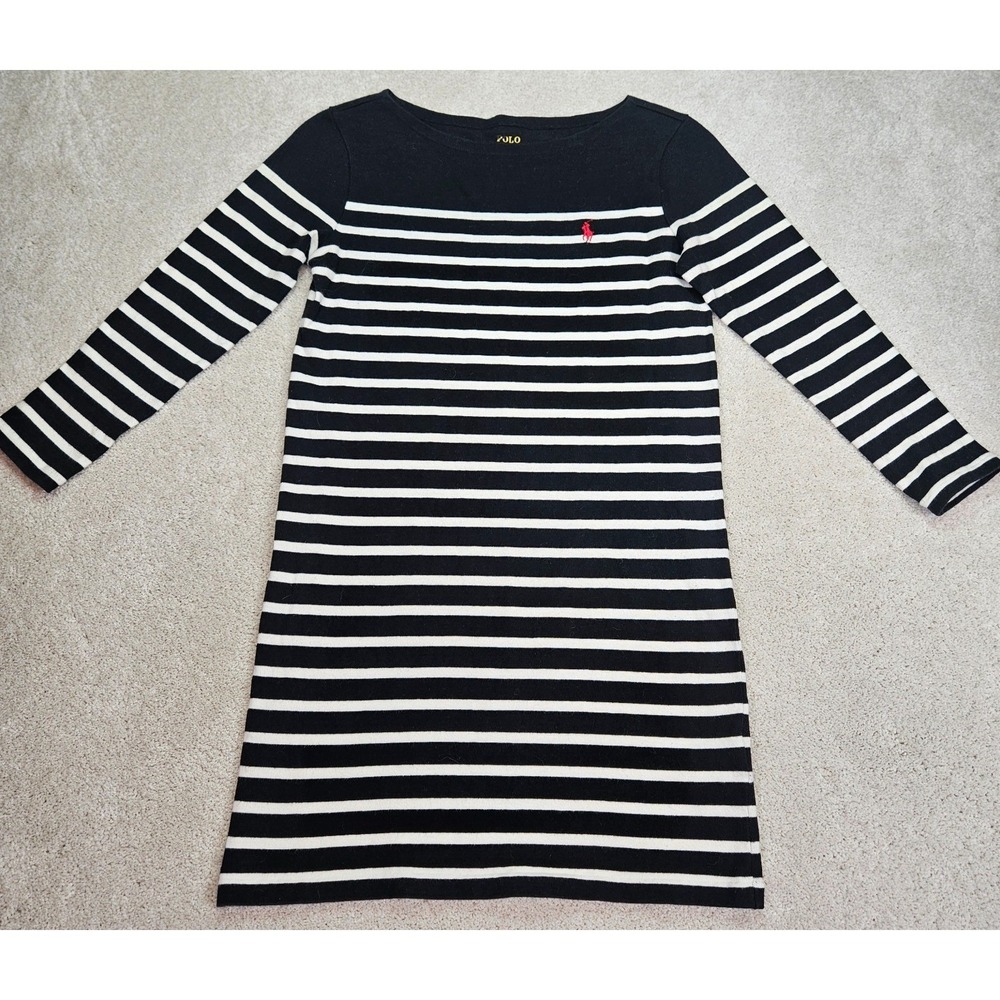 Polo Ralph Lauren XS Preppy Nautical Black White Jersey Knit Dress Striped Logo